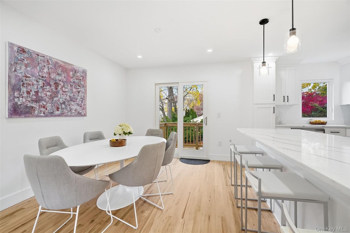 Dining room, Interior, Pendant Lights, Recessed Lighting, Wood Texture Flooring