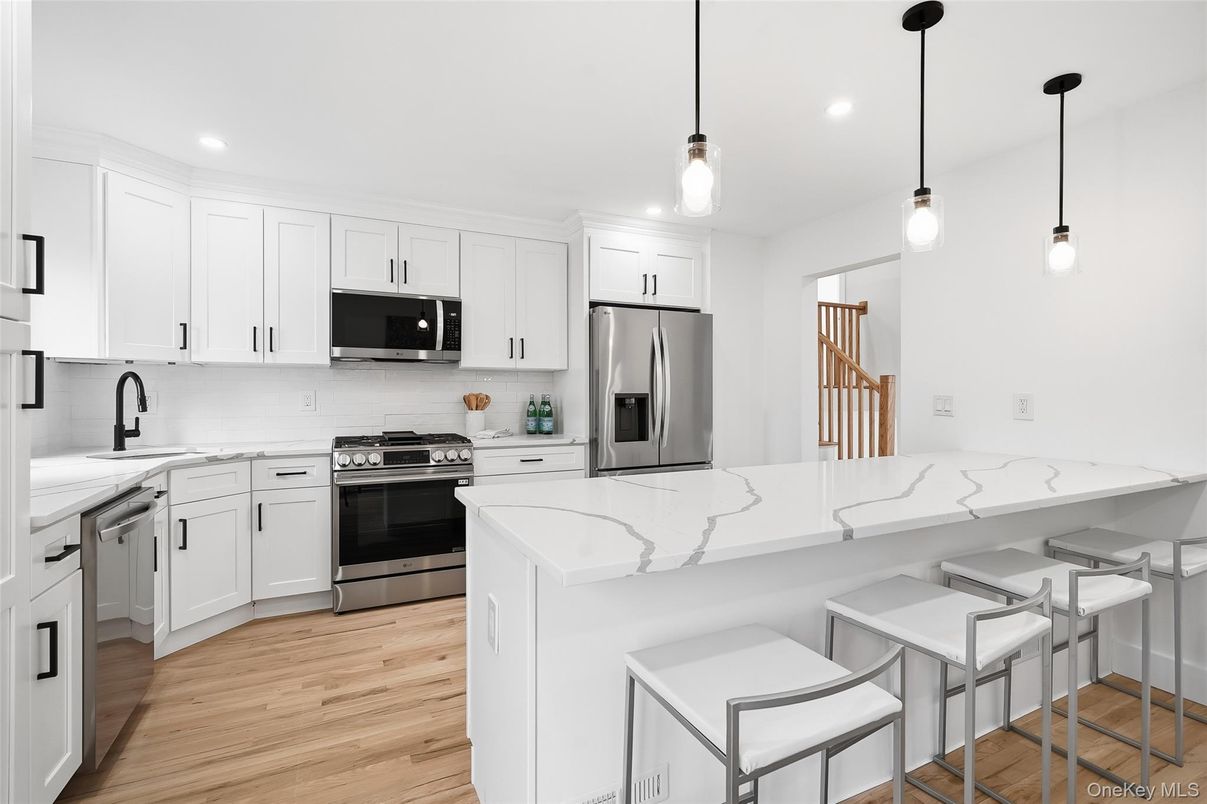 Interior, Kitchen, Pendant Lights, Recessed Lighting, Stainless Steel Appliances, Wood Texture Flooring