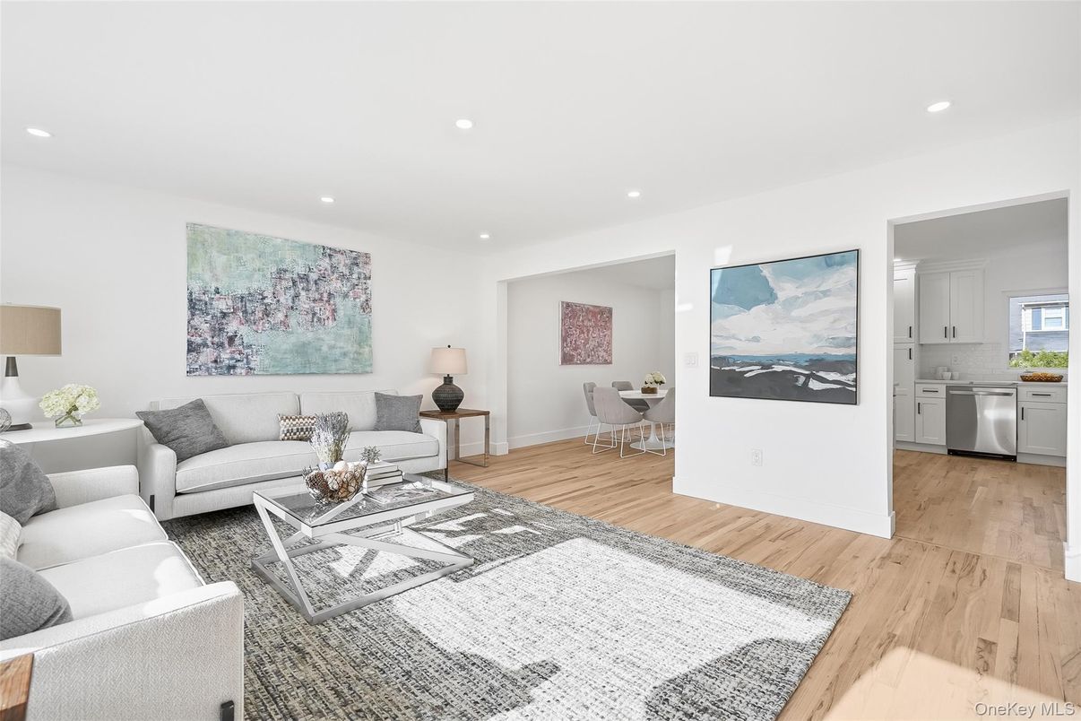 Dining room, Interior, Kitchen, Living room, Recessed Lighting, Wood Texture Flooring