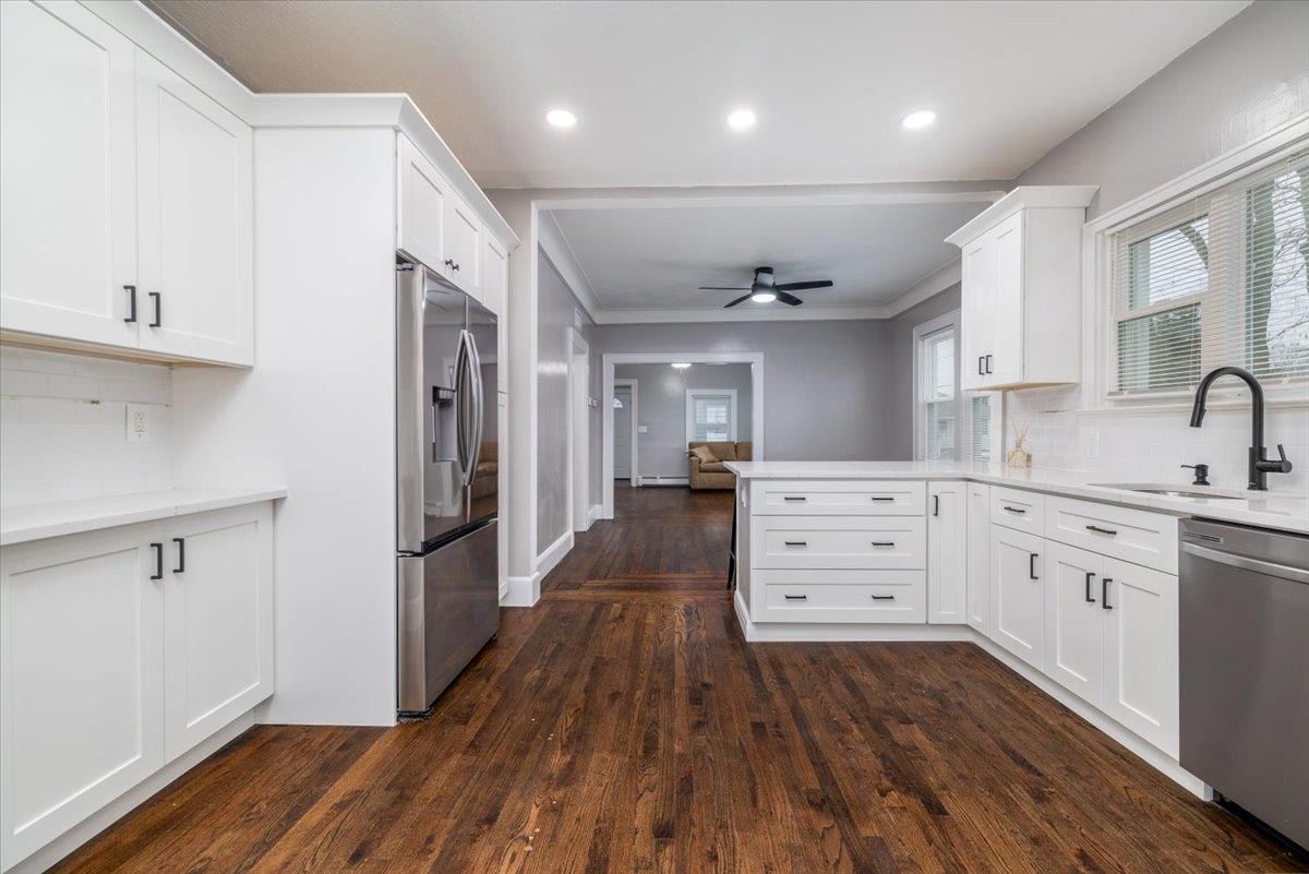 Interior, Kitchen, Recessed Lighting, Stainless Steel Appliances, Wood Texture Flooring