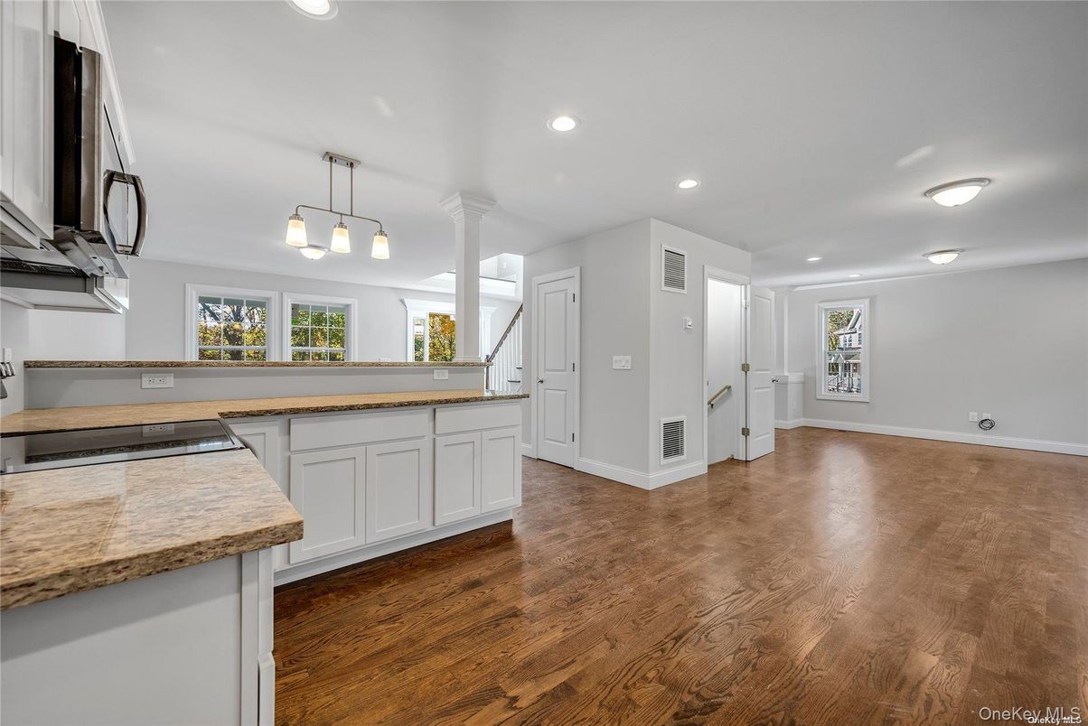 Empty room, Interior, Kitchen, Pendant Lights, Recessed Lighting, Wood Texture Flooring