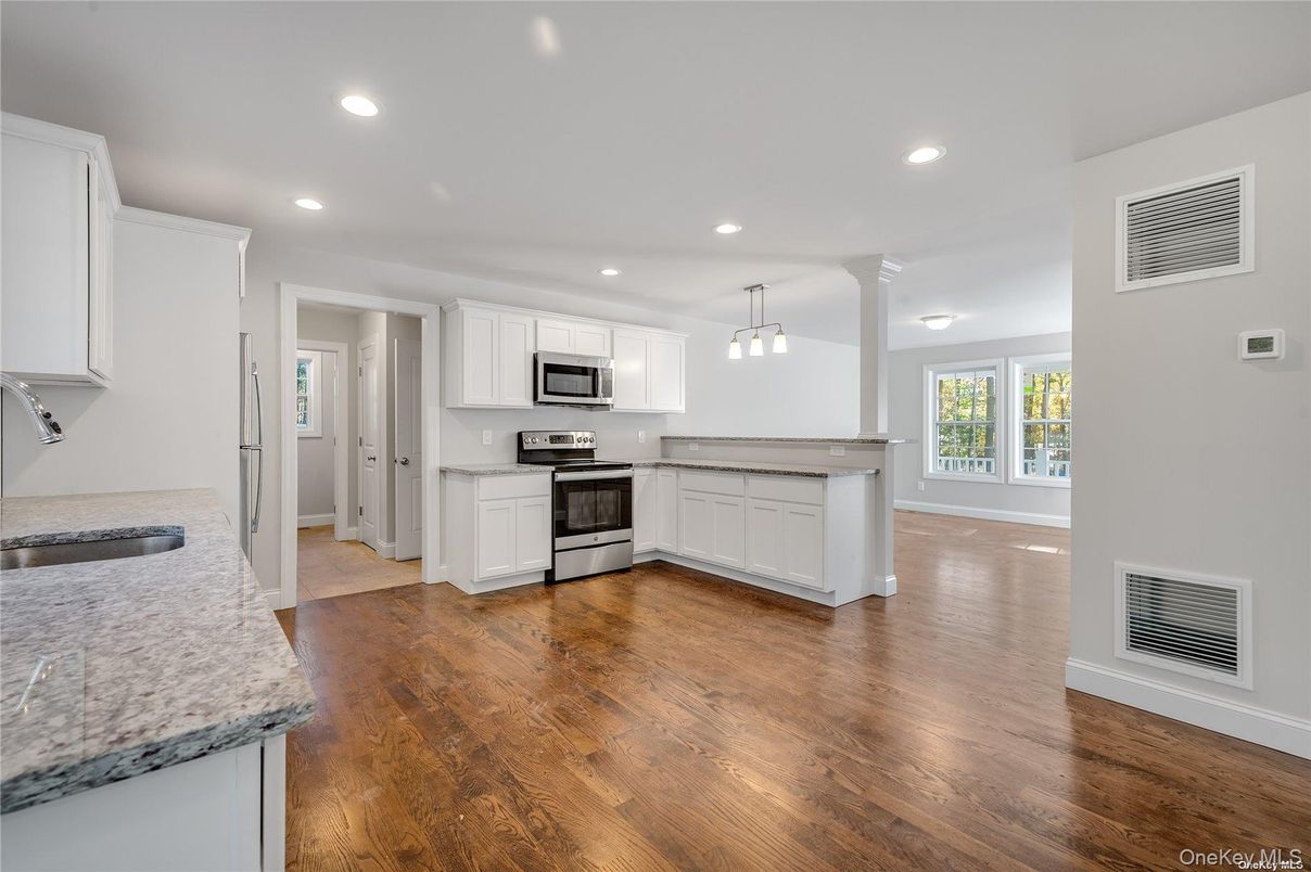 Interior, Kitchen, Pendant Lights, Recessed Lighting, Stainless Steel Appliances, Wood Texture Flooring