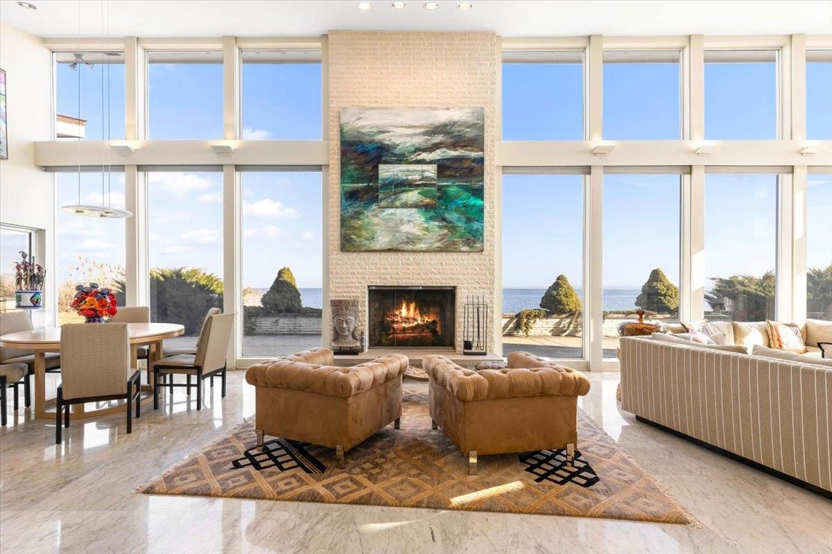 Dining room, Fireplace, Interior, Living room, Pendant Lights, Water