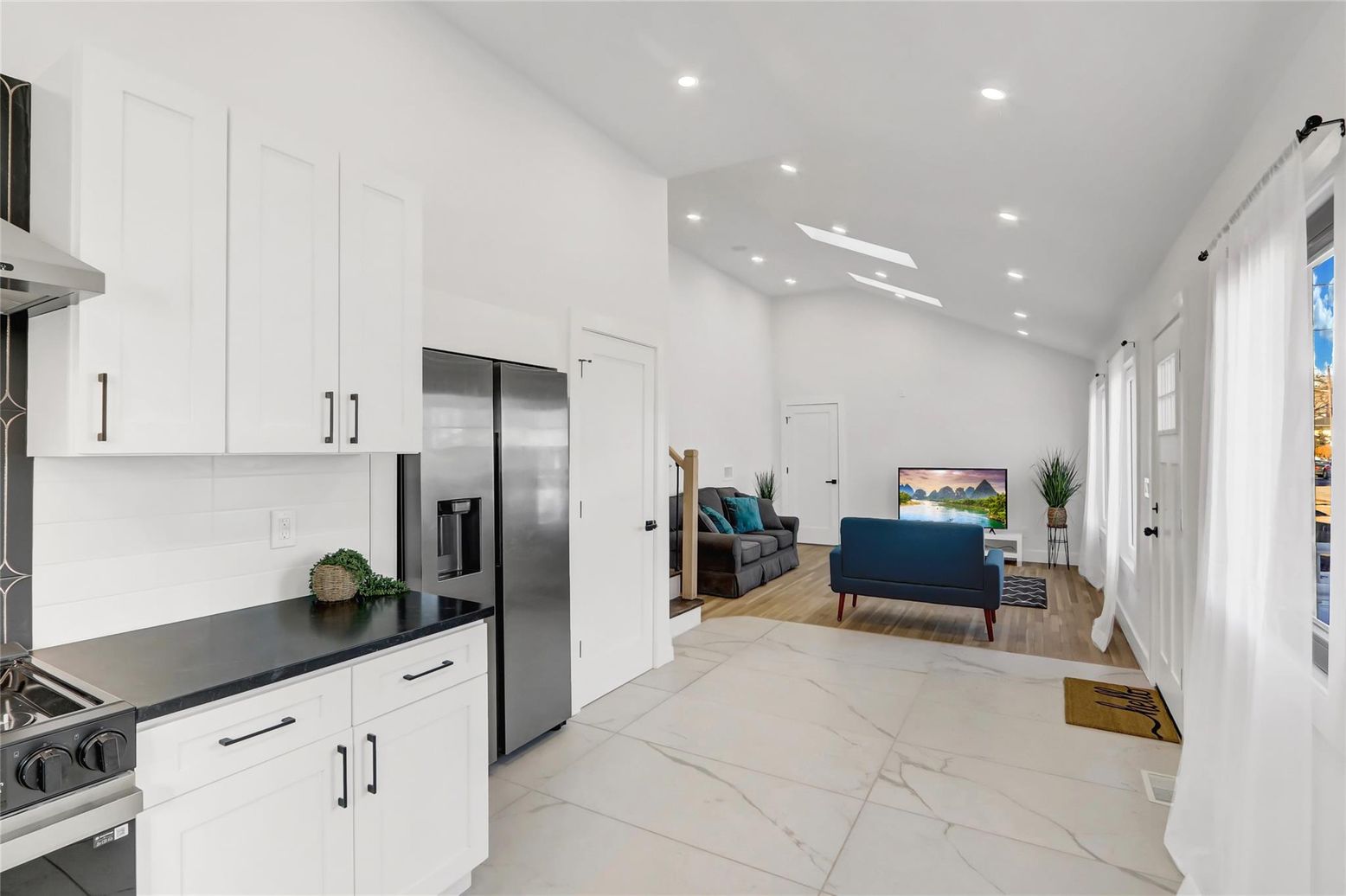 Interior, Kitchen, Marble, Recessed Lighting, Stainless Steel Appliances, Wood Texture Flooring