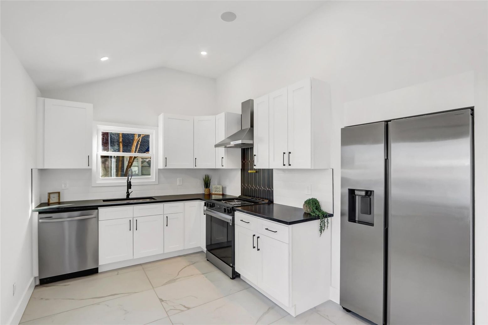 Interior, Kitchen, Marble, Recessed Lighting, Stainless Steel Appliances