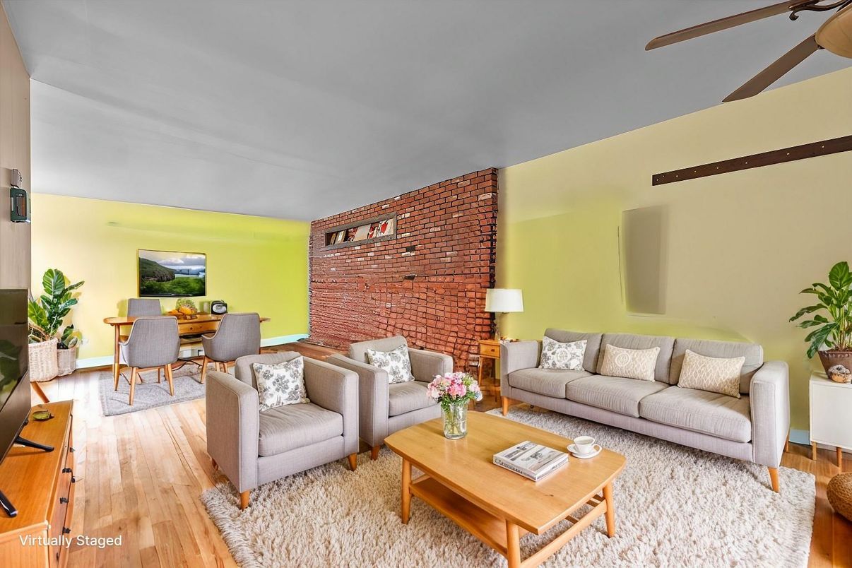 Dining room, Interior, Living room, Stone Walls, Wood Texture Flooring