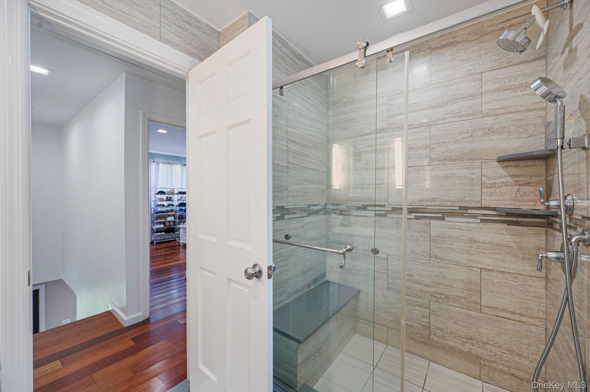Bathroom, Glass Shower, Interior, Recessed Lighting, Wood Texture Flooring