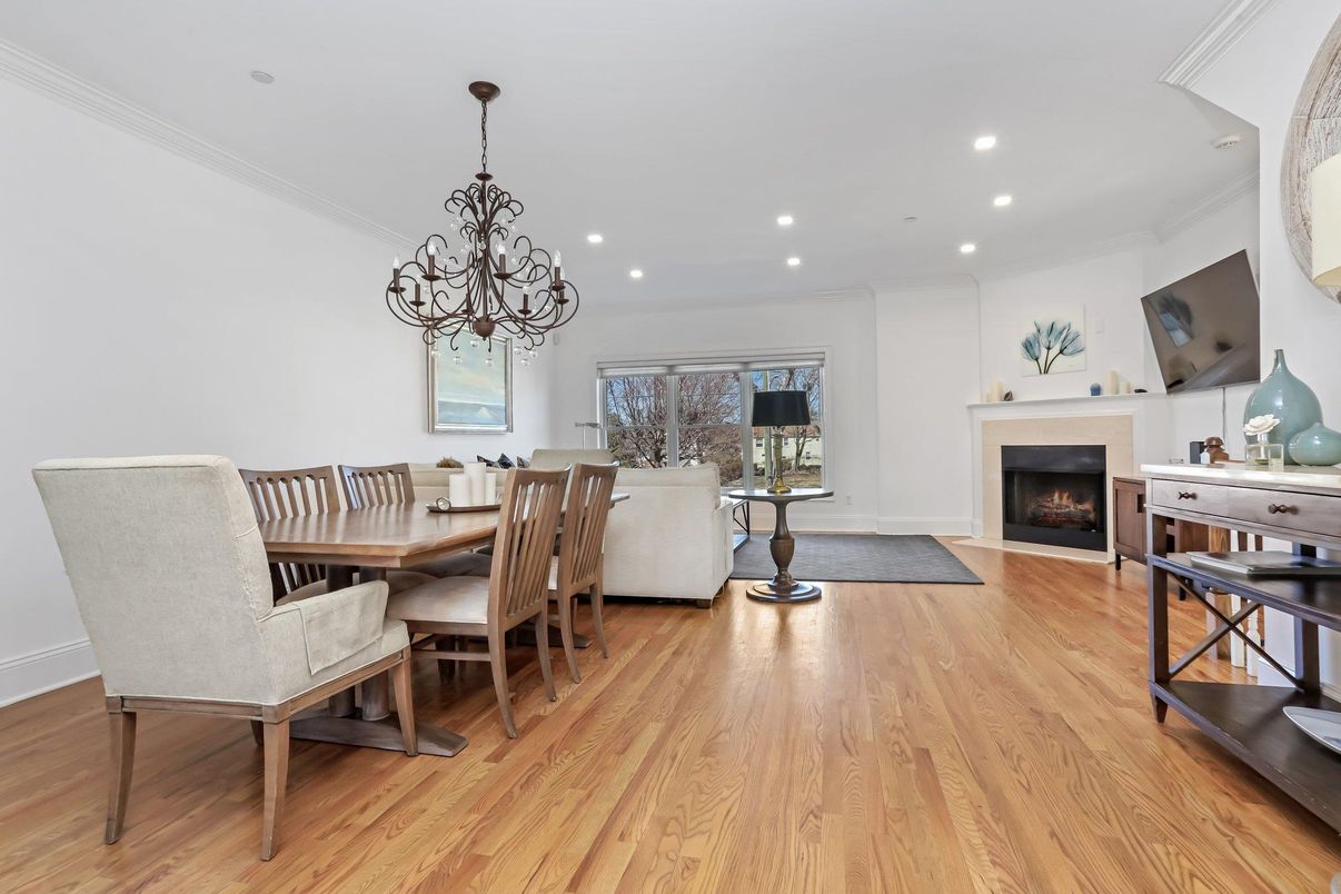 Chandelier, Dining room, Fireplace, Interior, Recessed Lighting, Wood Texture Flooring