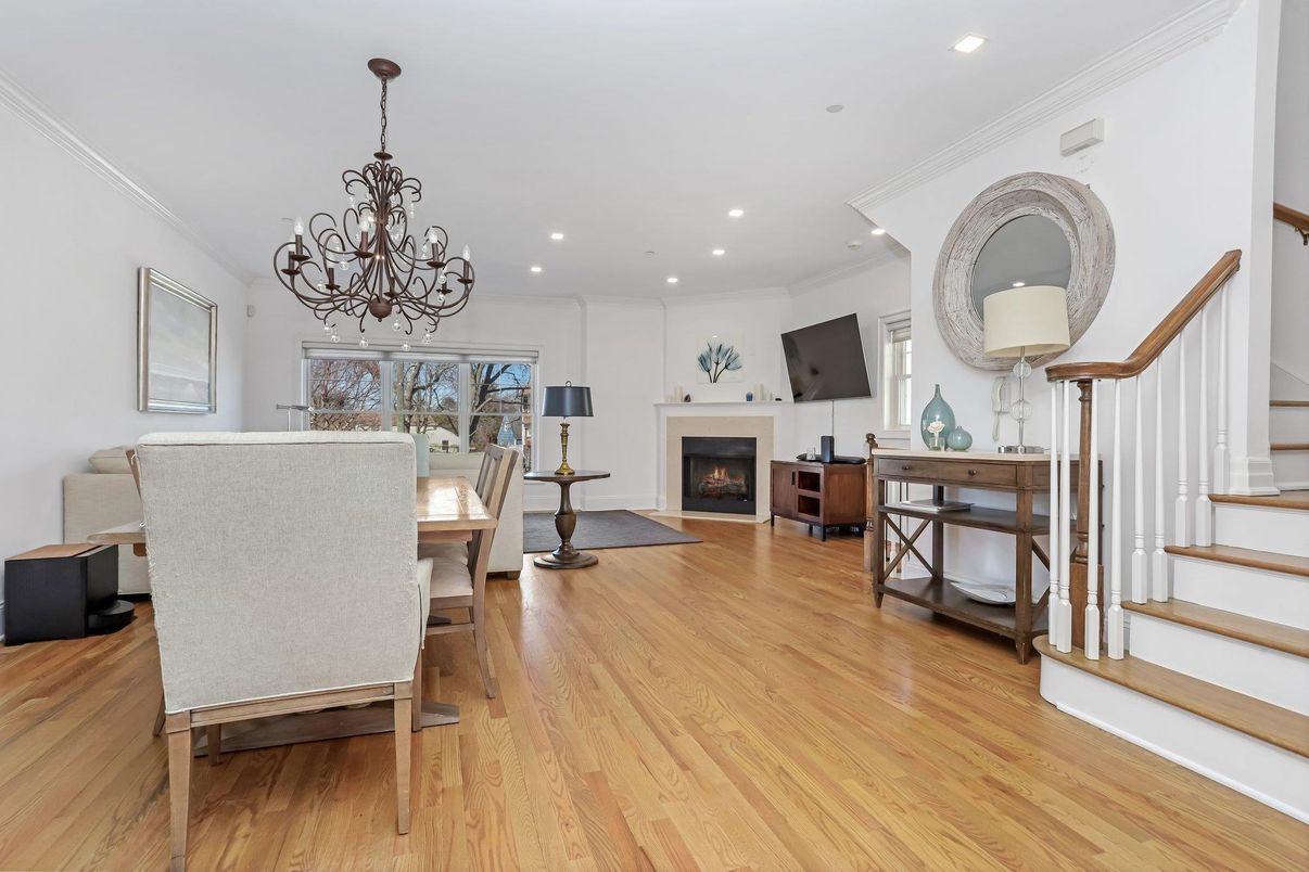 Chandelier, Dining room, Fireplace, Interior, Recessed Lighting, Wood Texture Flooring