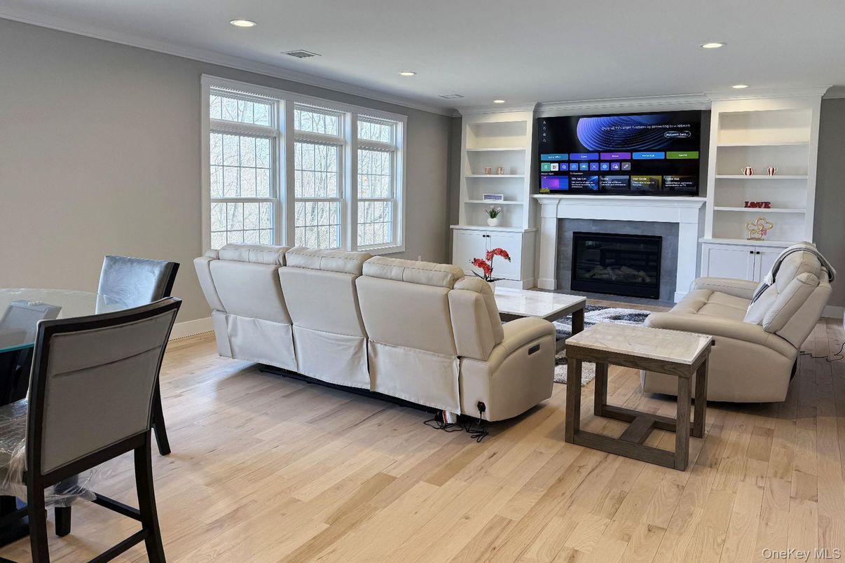 Fireplace, Interior, Living room, Recessed Lighting, Wood Texture Flooring