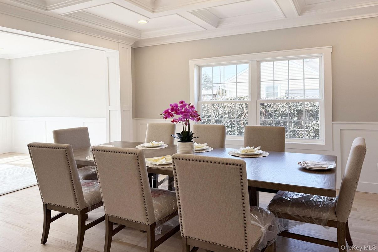 Dining room, Interior, Recessed Lighting, Wood Texture Flooring
