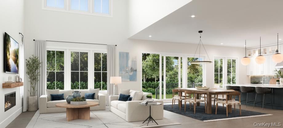 Dining room, Fireplace, Interior, Living room, Pendant Lights, Recessed Lighting