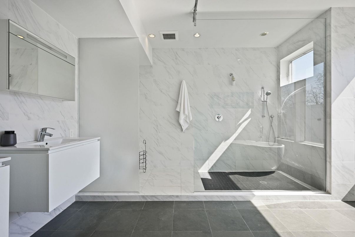 Bathroom, Glass Shower, Interior, Marble Walls, Recessed Lighting