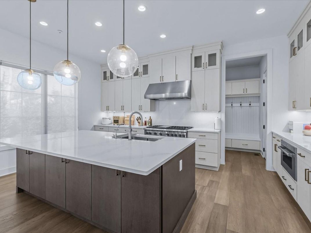Interior, Kitchen, Pendant Lights, Recessed Lighting, Stainless Steel Appliances, Wood Texture Flooring