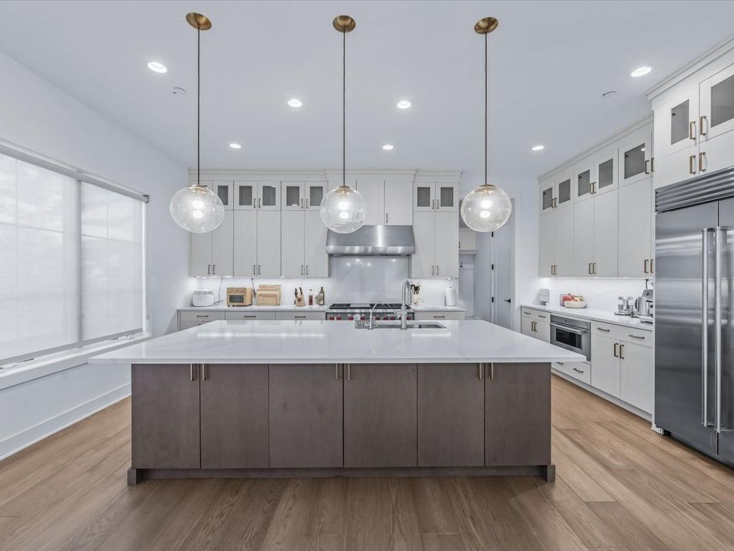 Interior, Kitchen, Pendant Lights, Recessed Lighting, Stainless Steel Appliances, Wood Texture Flooring