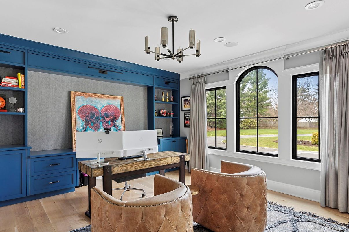 Chandelier, Home Office, Interior, Recessed Lighting, Wood Texture Flooring