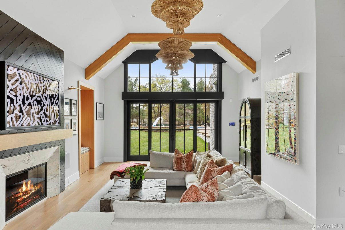 Fireplace, Interior, Living room, Recessed Lighting, Wooden Beams, Wood Texture Flooring