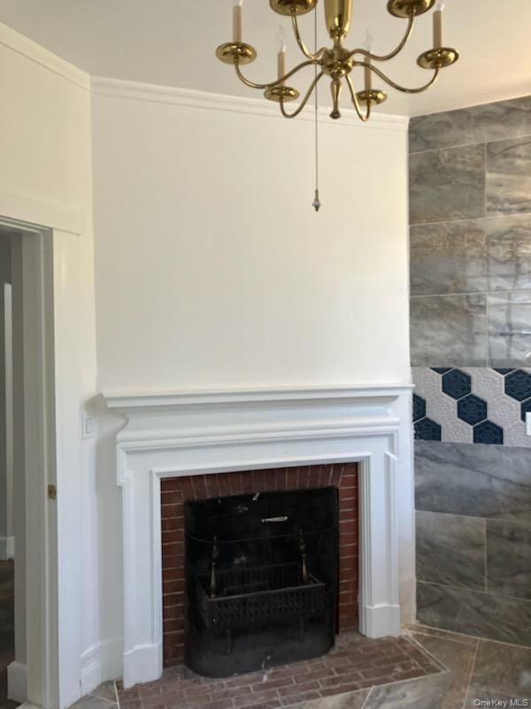 Chandelier, Fireplace, Interior