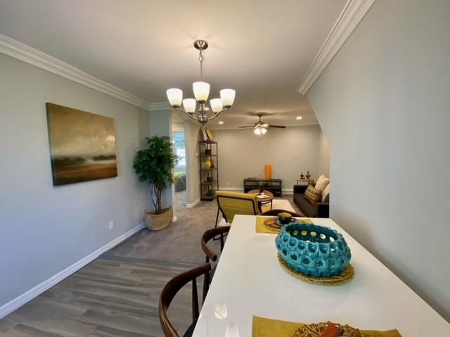 Chandelier, Dining room, Interior, Recessed Lighting, Wood Texture Flooring