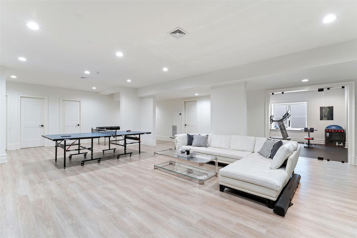 Fitness Equipment, Game Room, Interior, Living room, Recessed Lighting, Wood Texture Flooring
