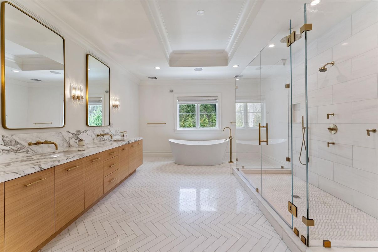 Bathroom, Dual Sink Vanities, Free Standing Baths, Glass Shower, Interior, Marble Walls, Recessed Lighting