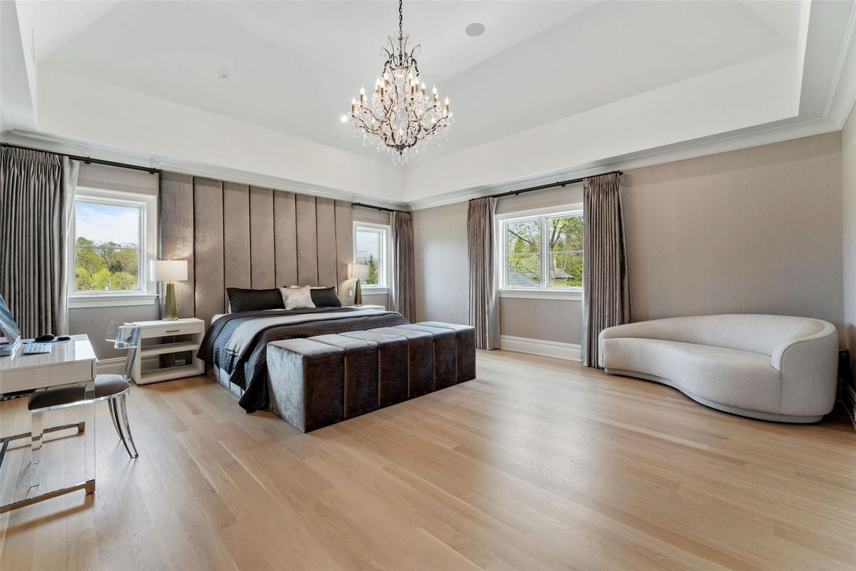 Bedroom, Chandelier, Interior, Wood Texture Flooring