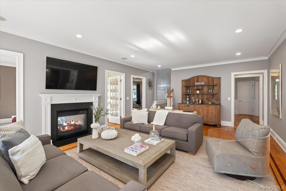 Fireplace, Interior, Living room, Recessed Lighting, Wood Texture Flooring