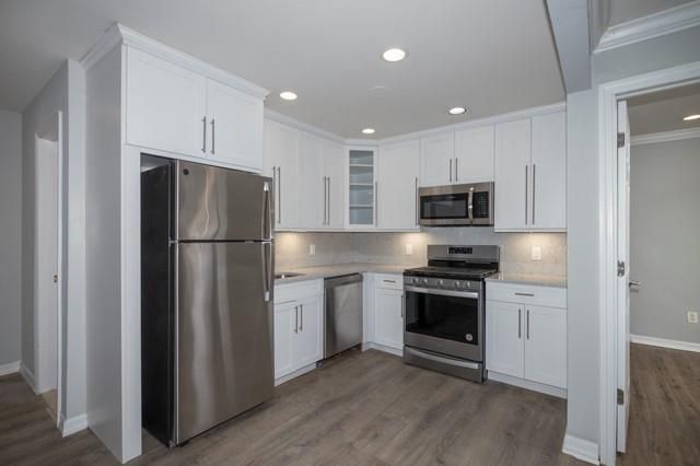 Interior, Kitchen, Recessed Lighting, Stainless Steel Appliances, Wood Texture Flooring