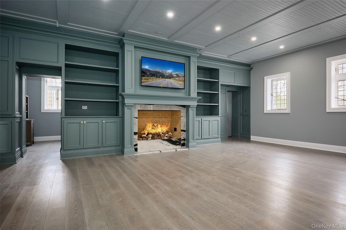 Empty room, Fireplace, Interior, Recessed Lighting, Wood Texture Flooring
