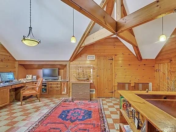 Home Office, Interior, Pendant Lights, Wooden Walls