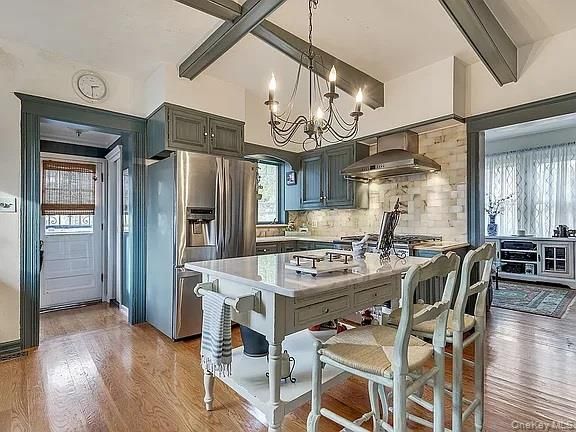 Chandelier, Interior, Kitchen, Stainless Steel Appliances, Wooden Beams, Wood Texture Flooring