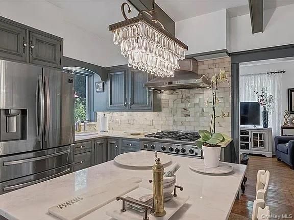 Chandelier, Interior, Kitchen, Stainless Steel Appliances, Wood Texture Flooring