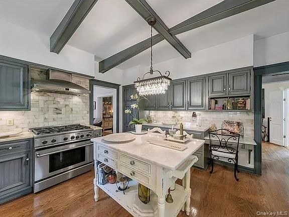 Chandelier, Interior, Kitchen, Stainless Steel Appliances, Wooden Beams, Wood Texture Flooring
