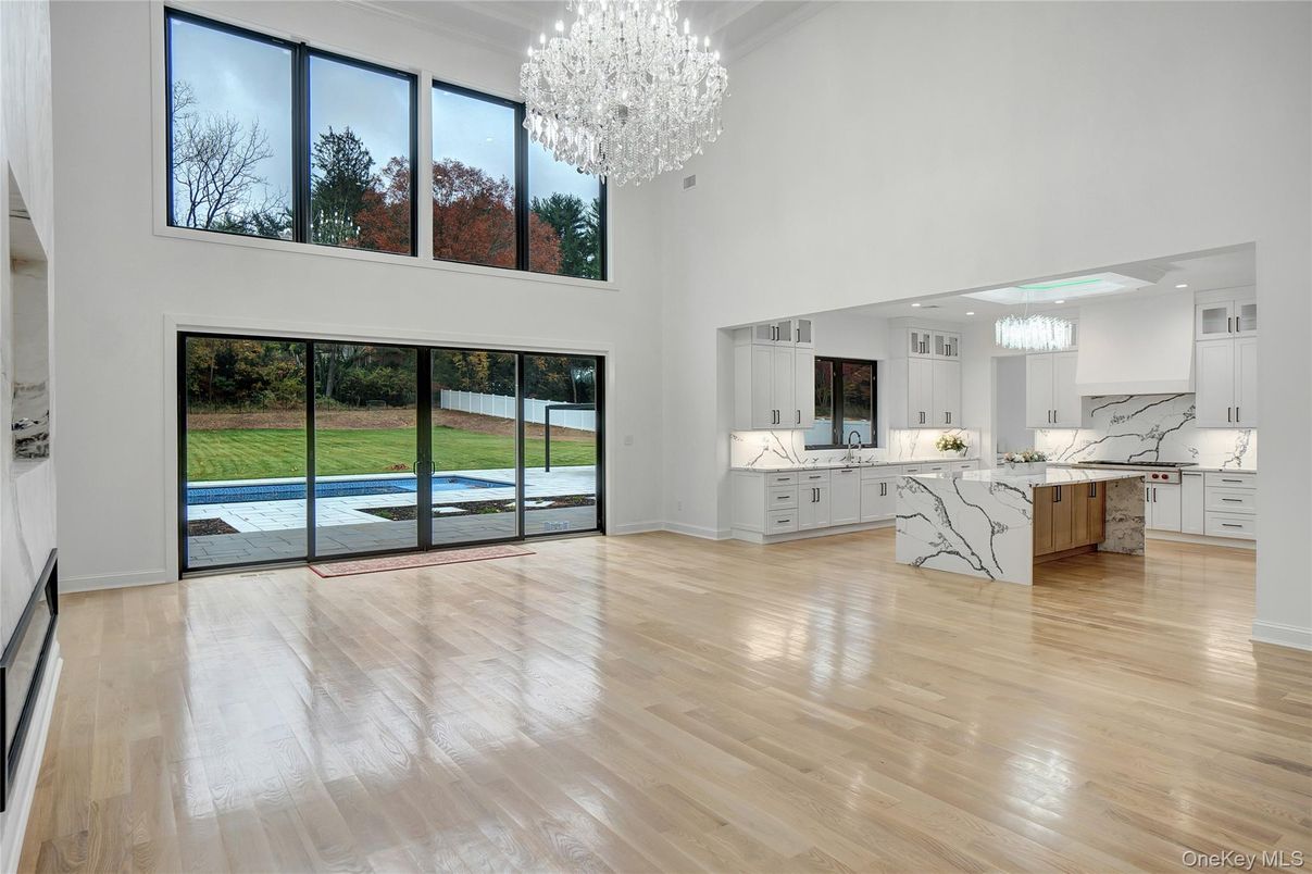 Chandelier, Interior, Kitchen, Marble Walls, Wood Texture Flooring