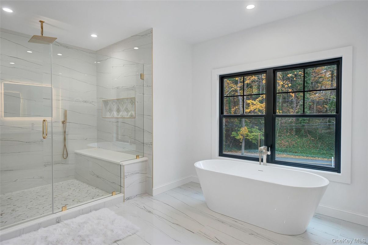 Bathroom, Free Standing Baths, Glass Shower, Interior, Marble, Marble Walls, Recessed Lighting
