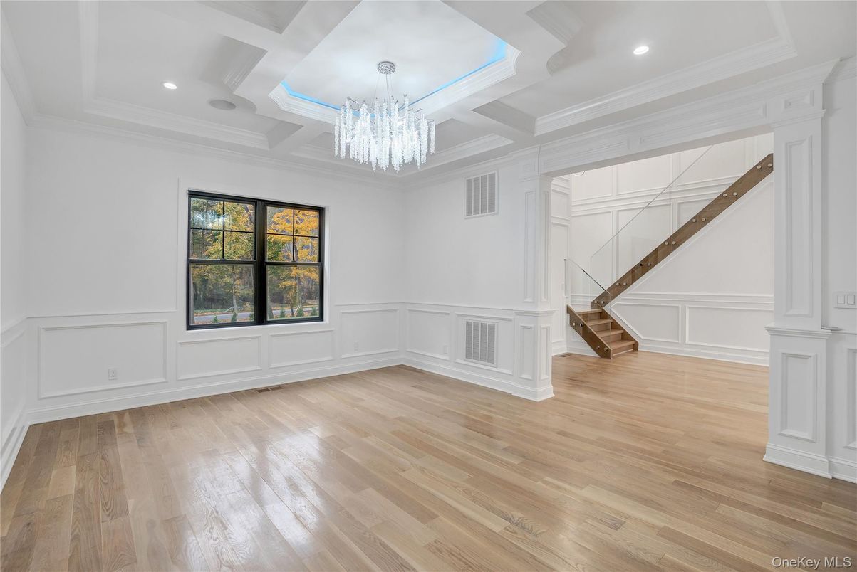 Chandelier, Empty room, Interior, Recessed Lighting, Wood Texture Flooring