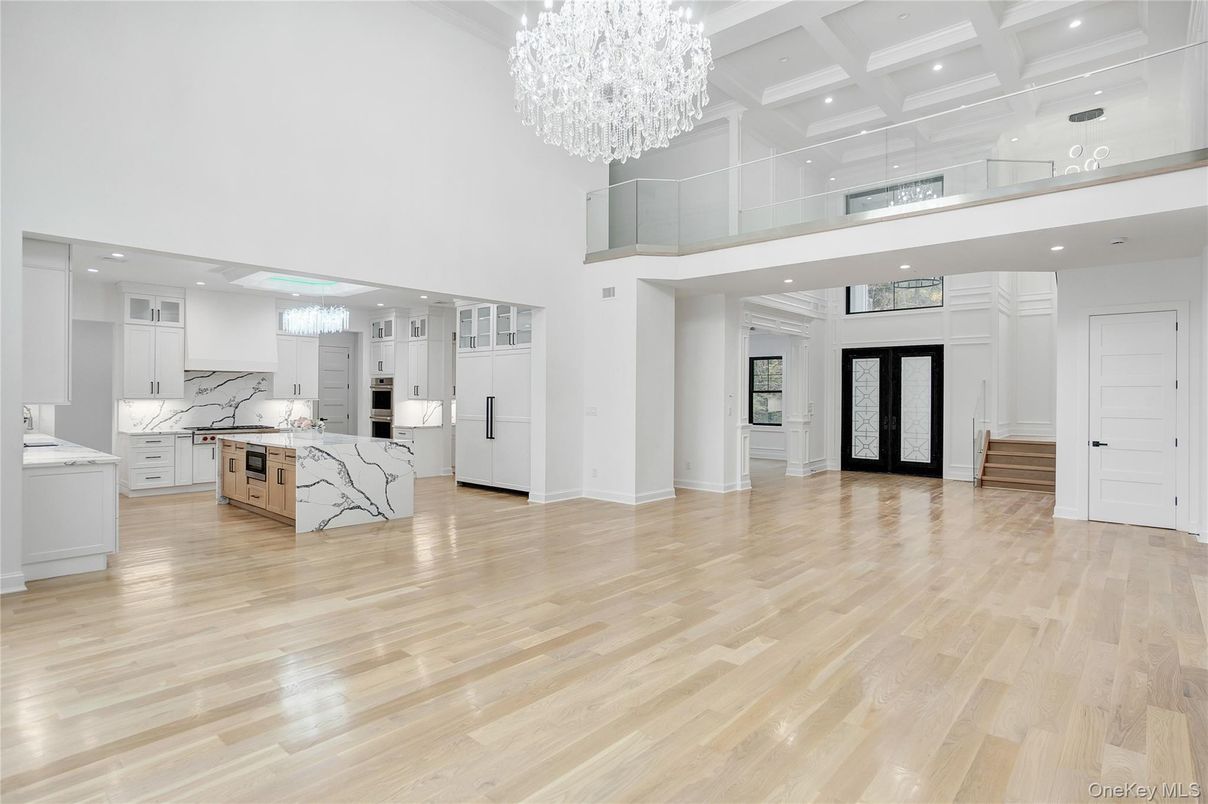 Chandelier, Interior, Kitchen, Marble Walls, Recessed Lighting, Wood Texture Flooring