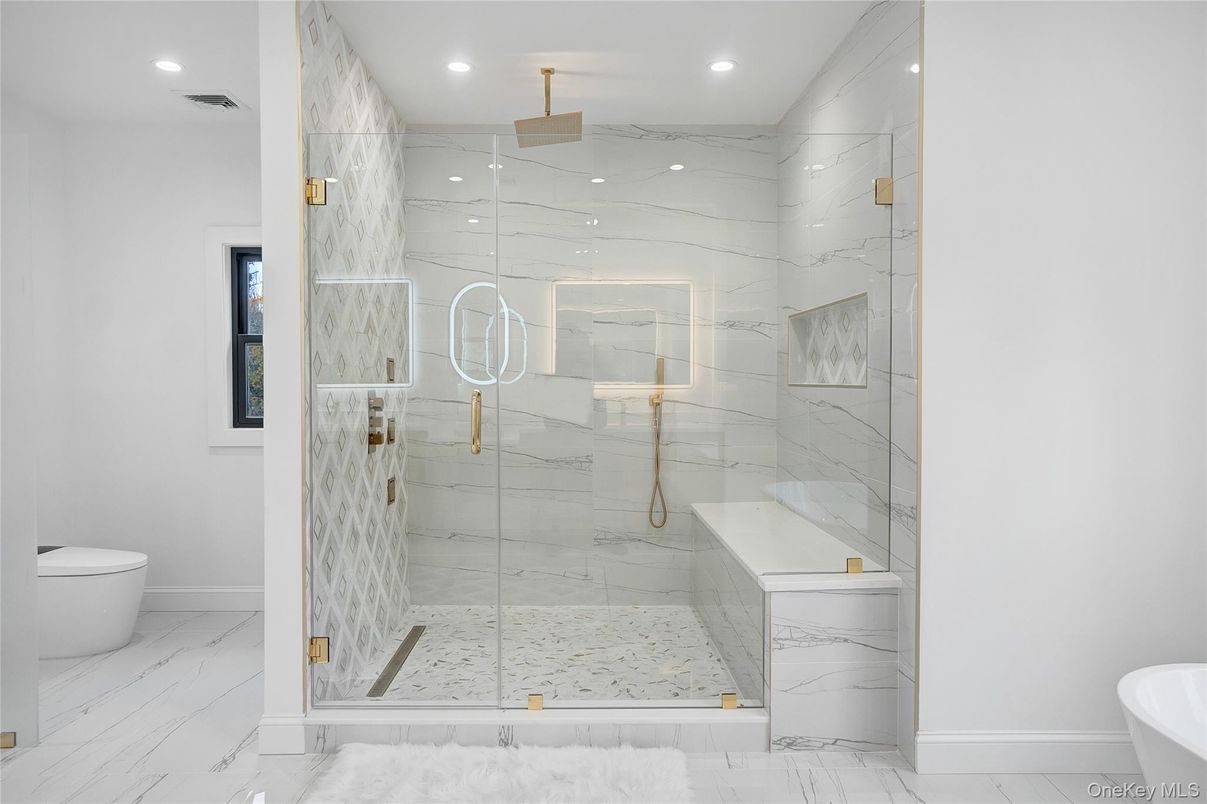 Bathroom, Glass Shower, Interior, Marble, Marble Walls, Recessed Lighting