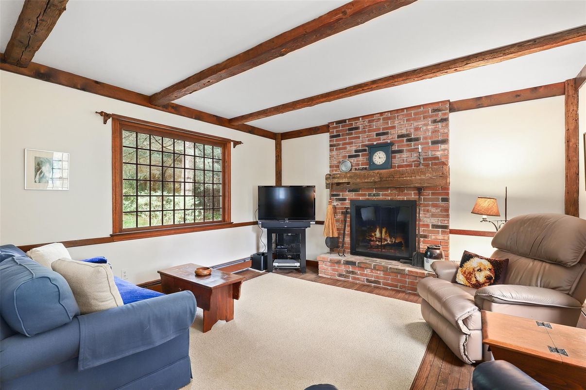 Fireplace, Interior, Living room, Stone Walls, Wooden Beams