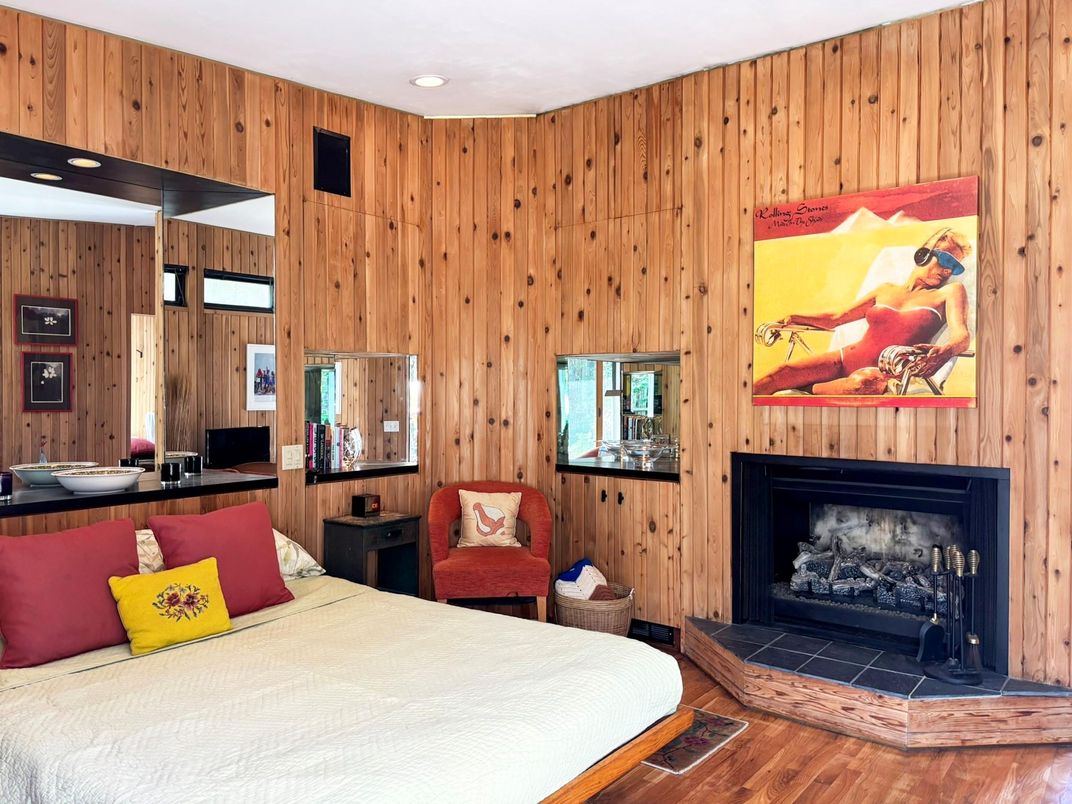 Bedroom, Fireplace, Interior, Recessed Lighting, Wood Texture Flooring, Wooden Walls