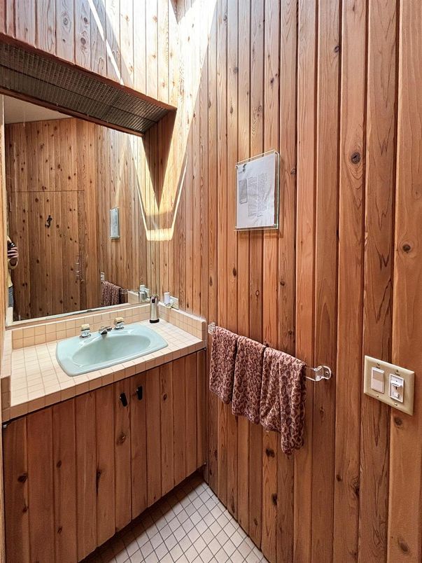 Bathroom, Interior, Tile Countertops, Wooden Walls