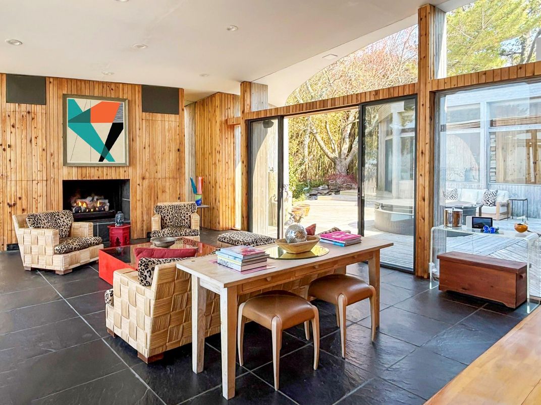 Dining room, Fireplace, Interior, Living room, Recessed Lighting, Wooden Walls