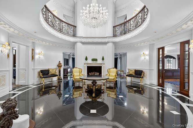 Chandelier, Fireplace, Interior