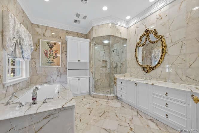 Bathroom, Glass Shower, Interior, Marble, Marble Walls, Recessed Lighting