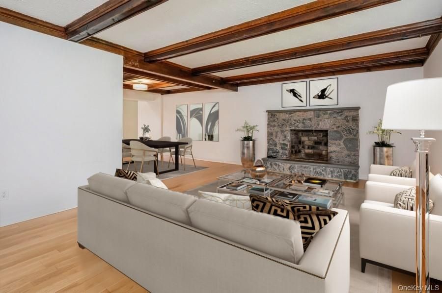 Dining room, Fireplace, Interior, Living room, Wooden Beams, Wood Texture Flooring