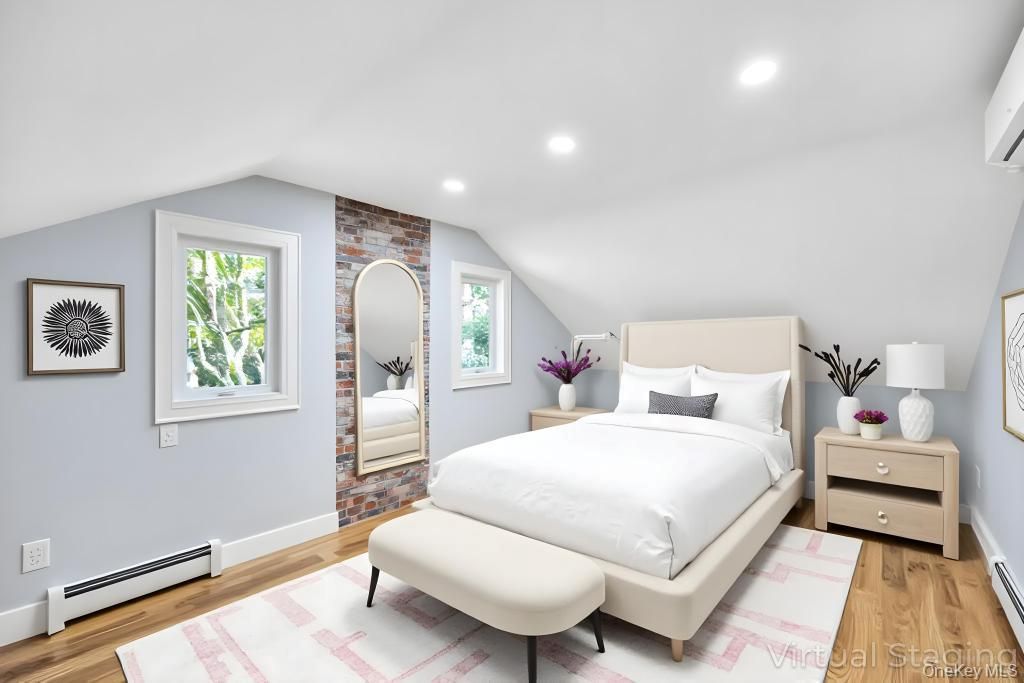 Bedroom, Interior, Recessed Lighting, Stone Walls, Wood Texture Flooring