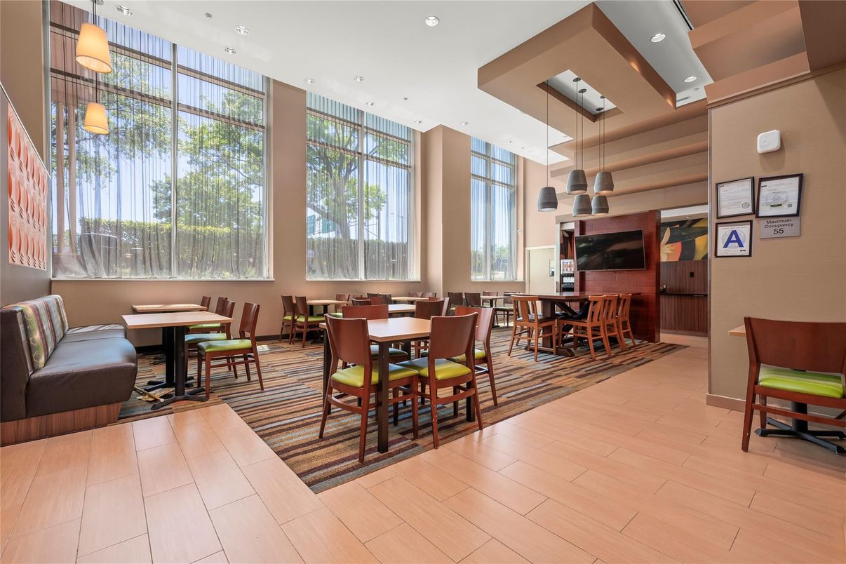 Dining room, Interior, Pendant Lights, Recessed Lighting, Wood Texture Flooring