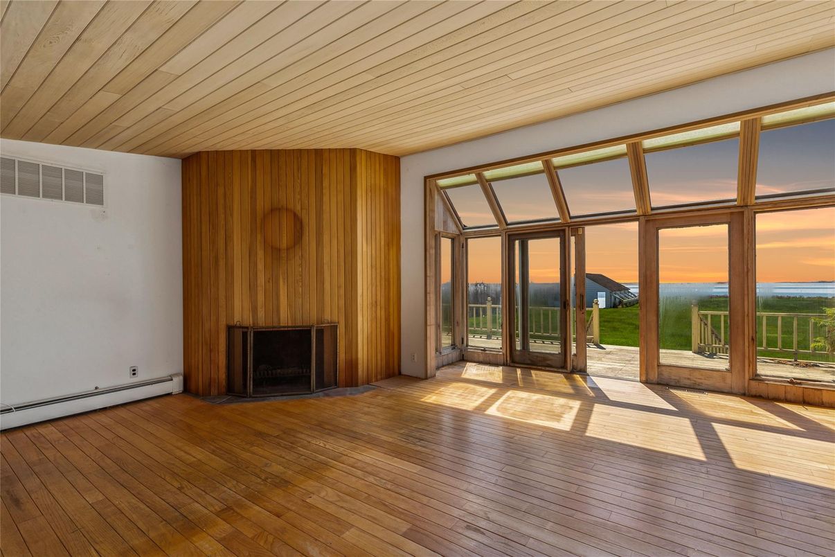 Empty room, Fireplace, Interior, Water, Wood Texture Flooring, Wooden Walls