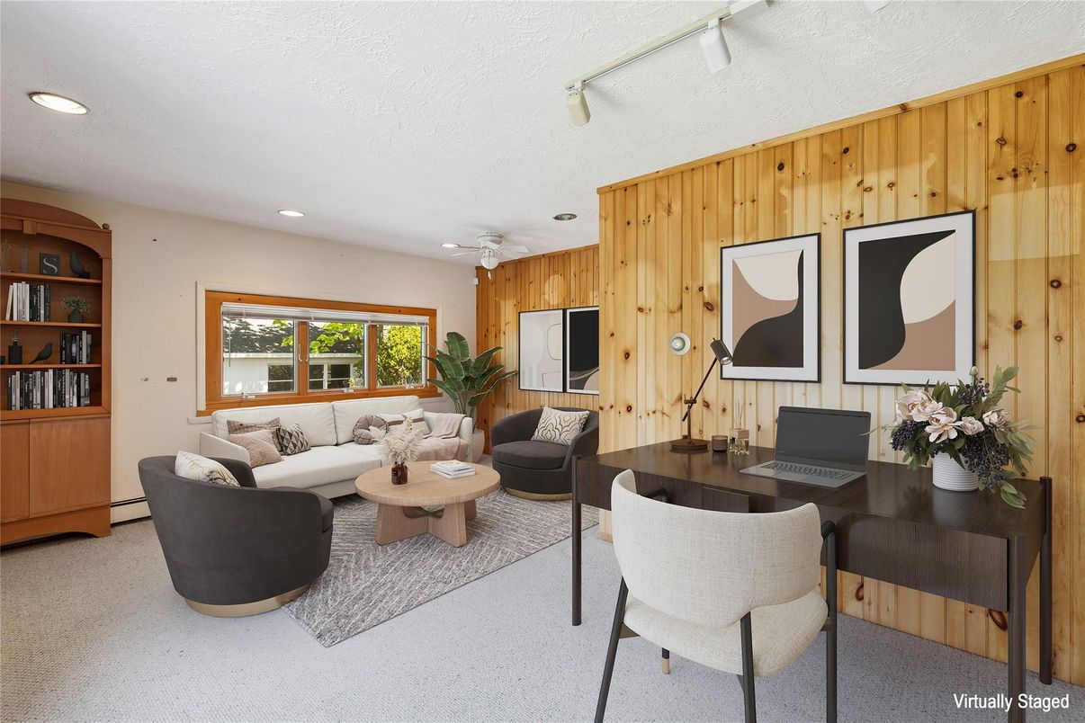 Home Office, Interior, Living room, Recessed Lighting, Wooden Walls