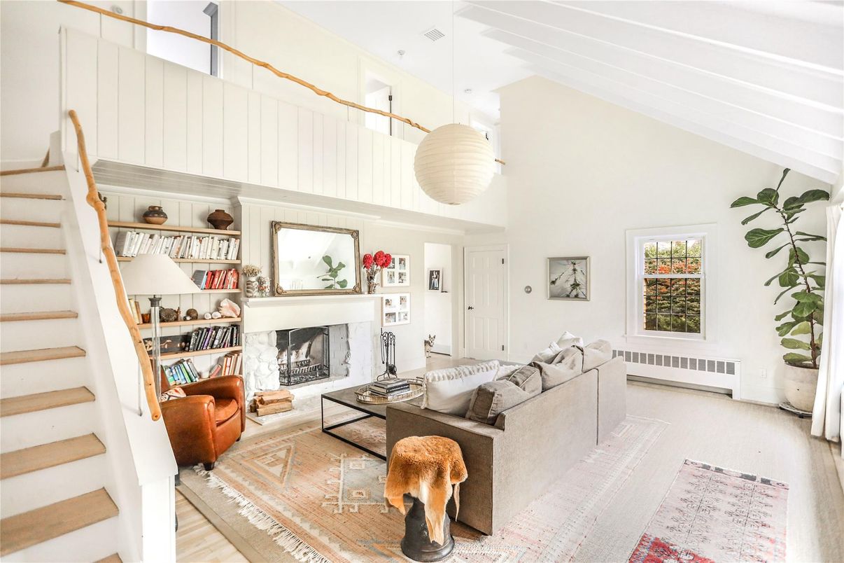 Fireplace, Interior, Living room, Pendant Lights, Wood Texture Flooring